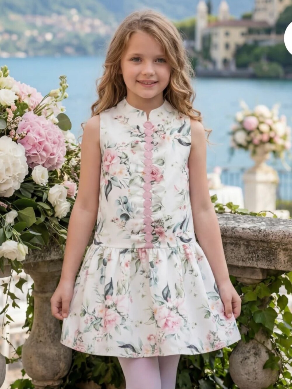 Girls White Floral Sleeveless Party Dress with Pink Accents